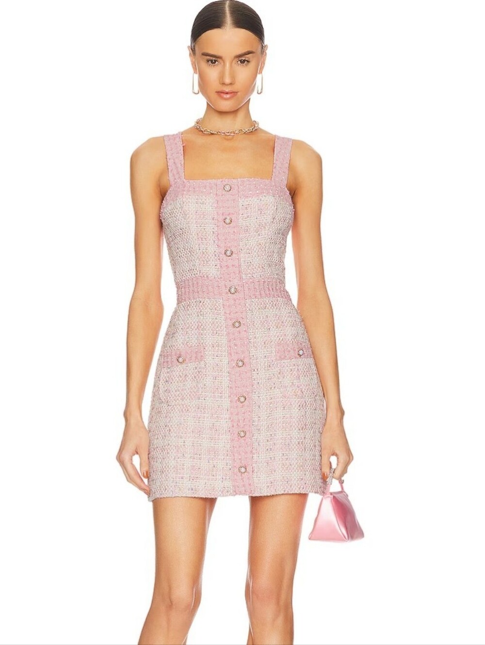 Lea & Viola tailored pink tweed mini dress with a square neckline